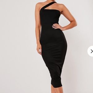 Black Asymmetric Strap Bodycon Midi Dress